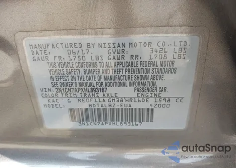 2017 Nissan Versa 1.6 Sv из США, поврежденный, VIN 3N1CN7APXHL893167